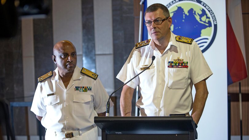 Australias Chief of Navy, Vice Admiral Ray Griggs addresses the media with South African Rear Admiral Sagaren L. Pillay.