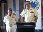 Australias Chief of Navy, Vice Admiral Ray Griggs addresses the media with South African Rear Admiral Sagaren L. Pillay.