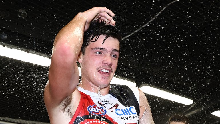 Charlie Banfield celebrates his first win during the 2026 AFL Round 10 match between Euro-Yroke (St Kilda Saints) and the Richmond Tigers at Marvel Stadium on May 17, 2026.