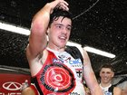 Charlie Banfield celebrates his first win during the 2026 AFL Round 10 match between Euro-Yroke (St Kilda Saints) and the Richmond Tigers at Marvel Stadium on May 17, 2026.