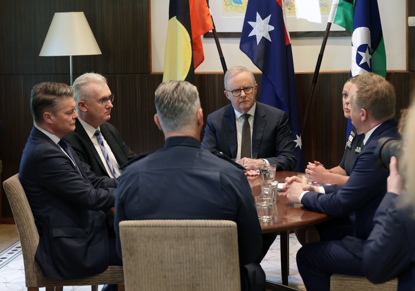 Anthony Albanese, AFP Commissioner Krissy Barrett and Victorian Police Chief Commissioner Mike Bush along with Premier Ben Carroll and police Minister for Victoria, Paul Edbrooke. NewsWire/ David Crosling