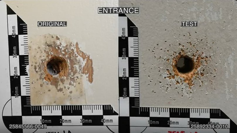 The photo on the left shows the bullet hole found in Mr Baird's bedroom door, while the one on the right is from the test shot police later fired into the door with Mr Lamarre-Condon's gun. Picture: Court exhibit.
