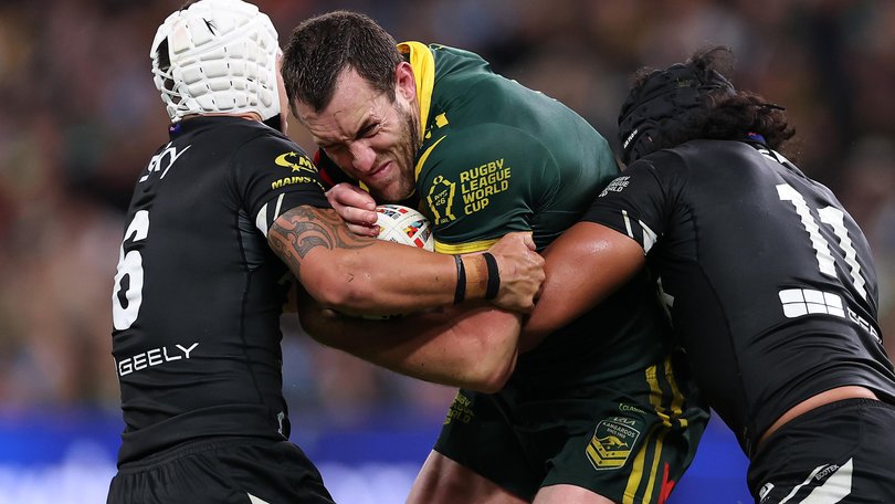 SYDNEY, AUSTRALIA - OCTOBER 15: Isaah Yeo of Australia is tackled during the 2026 Men's Rugby League World Cup match between Australia Kangaroos and New Zealand Kiwis at Allianz Stadium on October 15, 2026 in Sydney, Australia. (Photo by Cameron Spencer/Getty Images) Cameron Spencer