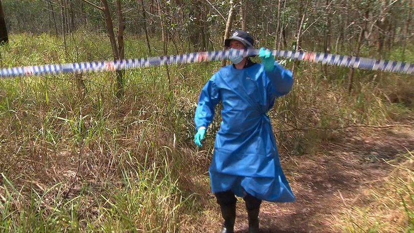 Forensic officers examine the scene in Chermside bushland.