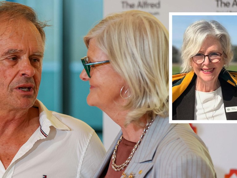Member for Indi Helen Haines (left) is in a stable condition but has tragically lost her second leg, according to her husband Phil (right), pictured with Governor-General Sam Mostyn, who spoke outside the Alfred Hospital in Melbourne on Wednesday night.
