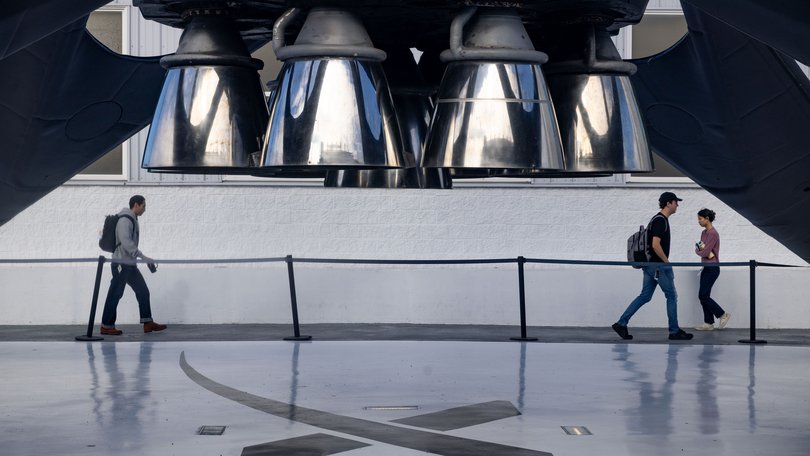 A SpaceX Falcon 9 reusable rocket booster on display outside the company's facilities in Hawthorne, California. 
