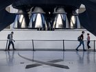 A SpaceX Falcon 9 reusable rocket booster on display outside the company's facilities in Hawthorne, California. 