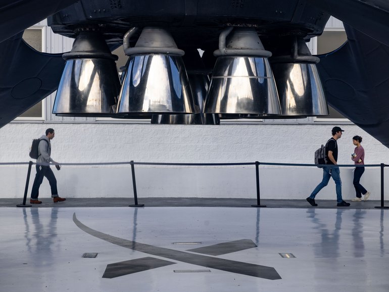A SpaceX Falcon 9 reusable rocket booster on display outside the company's facilities in Hawthorne, California. 