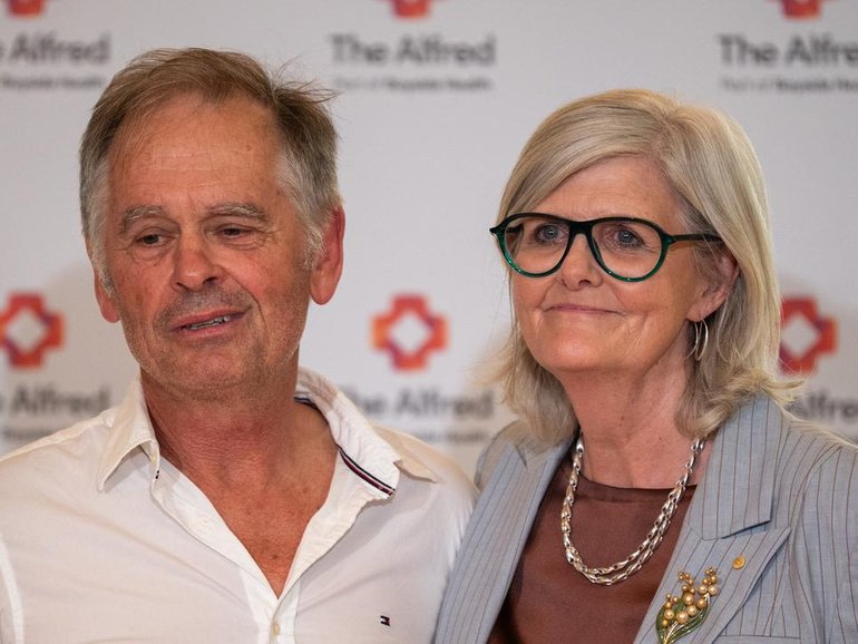 Helen Haines' husband Phil Haines has addressed the media, supported by Governor-General Sam Mostyn. 