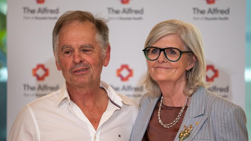 Helen Haines' husband Phil Haines has addressed the media, supported by Governor-General Sam Mostyn. (Jay Kogler/AAP PHOTOS)