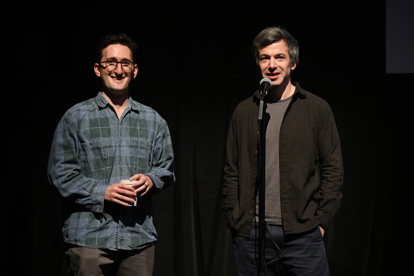 Nathan Fielder (R) and Lance Oppenheim speak on stage at the world premiere of "You Can See Everything".