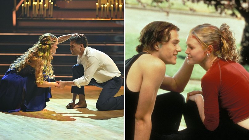 Julia Stiles and Ezra Sosa on the dance floor and right, Stiles and Ledger in the iconic movie.