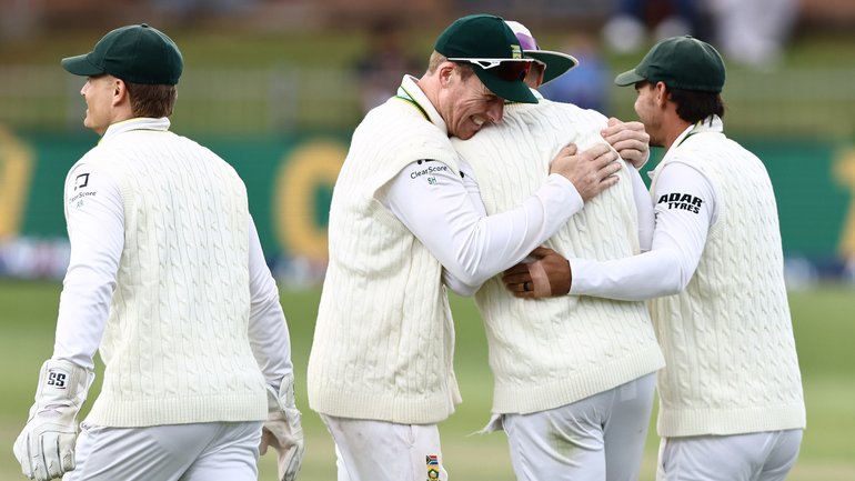 South Africa players celebrate victory.