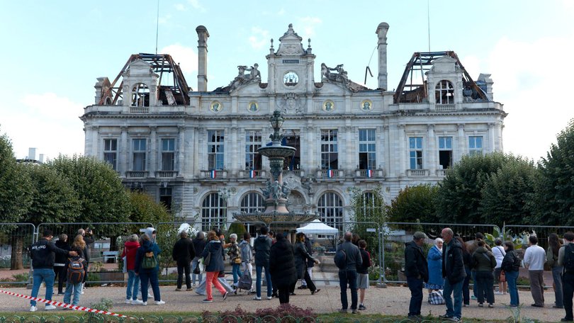 Metal barriers outside the destroyed the City Hall in Limoges Nouvelle-Aquitaine.