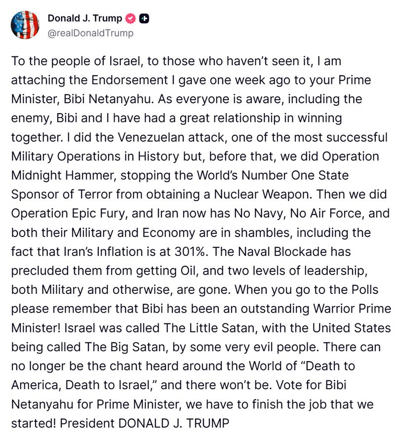 US President Donald Trump latest post on Truth Social. 