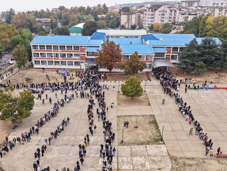 There were long lines outside polling stations as Serbians went to the ballot box on Sunday. 
