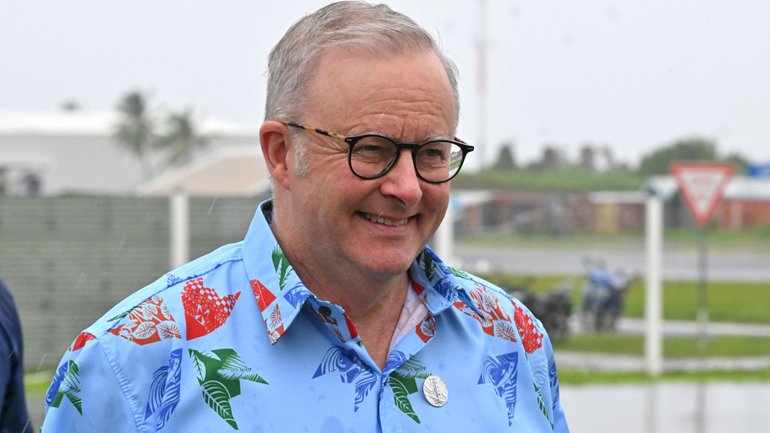 Anthony Albanese arrives for a traditional welcome ceremony as part of the Pacific Pre-COP31 Summit this month.