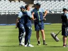 Marnus Labuschagne chats with coach Andrew McDonald and vice-captain Steve Smith ahead of the third Test.
