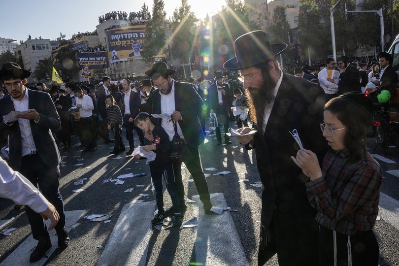Ultra-Orthodox Jews demonstrate against military conscription among members of their community in Jerusalem in October 2025.