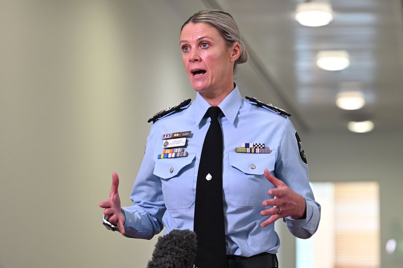 CANBERRA, AUSTRALIA- NewsWire Photos- SEPTEMBER 15, 2026: Australian Federal Police Commissioner , Krissy Barrett holds a doorstep press conference at Parliament House, Canberra. NewsWire / Martin Ollman