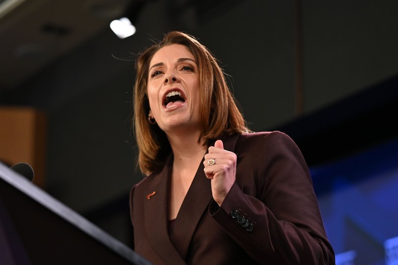 Anika Wells addresses the National Press Club in Canberra earlier this month.
