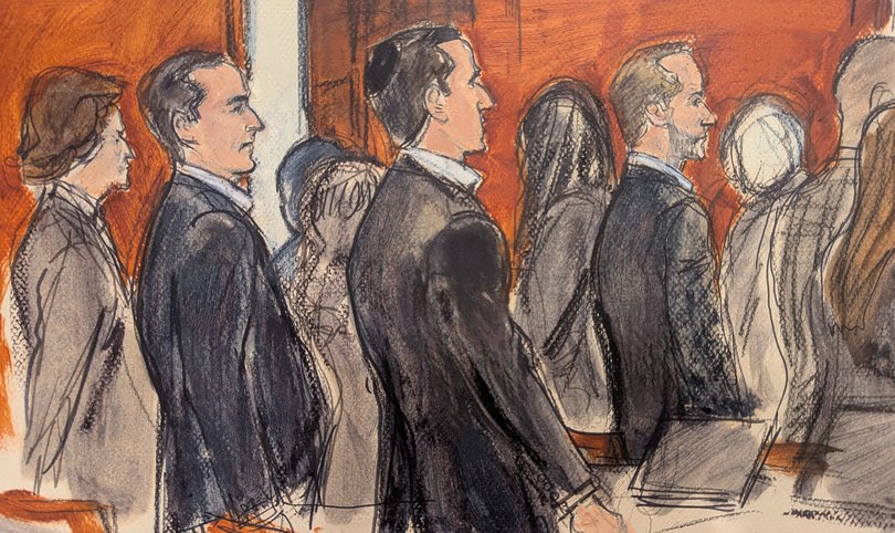 Alon Alexander, second from left, Oren Alexander, center, and Tal Alexander, watch the jury file out of the courtroom after being convicted.