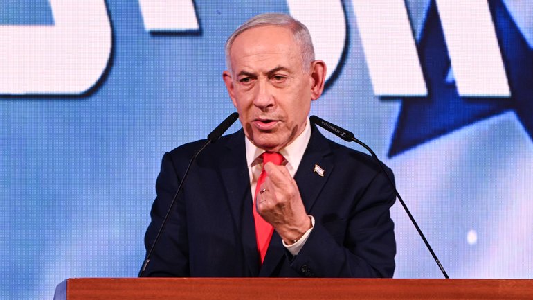 Benjamin Netanyahu speaks to supporters at the Likud Party election-night event at the Teddy Hall, International Convention Centre.