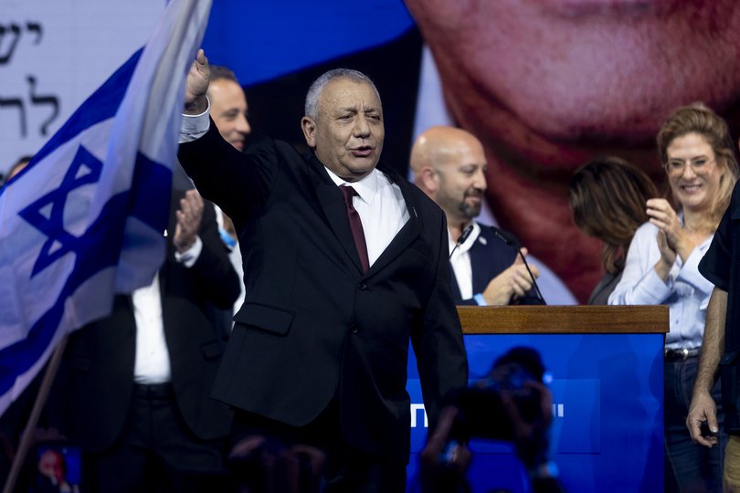 Gadi Eisenkot, greets supporters during an after vote event following the exit polls.
