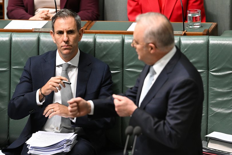 Australian Treasurer Jim Chalmers listens to Australian Prime Minister Anthony Albanese during Question Time in the House of Representatives at Parliament House in Canberra, Monday, March 2, 2026. (AAP Image/Lukas Coch) NO ARCHIVING