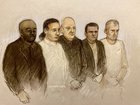 Court artist sketch by Elizabeth Cook of (left to right) Norman Macksoni, Conner Sanderson Doyle, Richard Wilkins, Mohammed Hassan and Dean Hamilton at Swindon Magistrates' Court.
