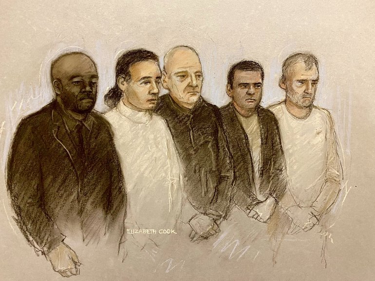 Court artist sketch by Elizabeth Cook of (left to right) Norman Macksoni, Conner Sanderson Doyle, Richard Wilkins, Mohammed Hassan and Dean Hamilton at Swindon Magistrates' Court.