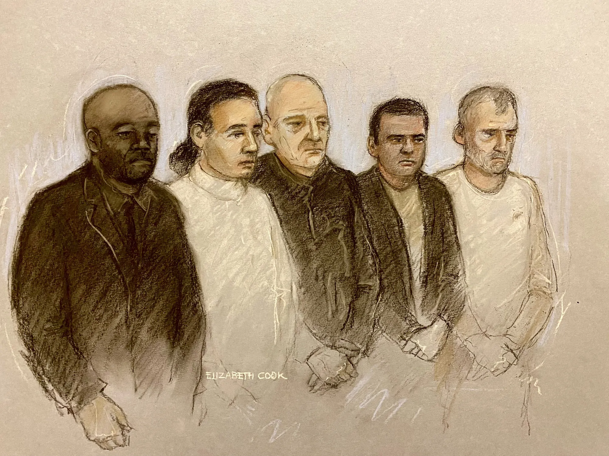 Court artist sketch by Elizabeth Cook of (left to right) Norman Macksoni, Conner Sanderson Doyle, Richard Wilkins, Mohammed Hassan and Dean Hamilton at Swindon Magistrates' Court.