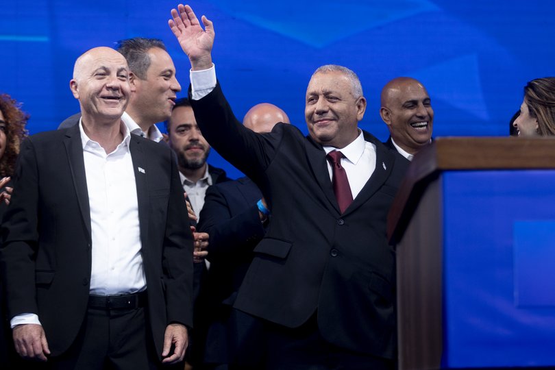 Former Israeli army chief of staff and Yashar Party leader, Gadi Eisenkot, greets supporters during an after vote event following the exit polls of Israel's general elections on October 28, 2026 in Tel Aviv, Israel.
