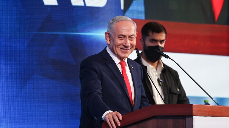 Israeli Prime Minister and Likud party leader Benjamin Netanyahu speaks to supporters at the Likud Party election-night event.