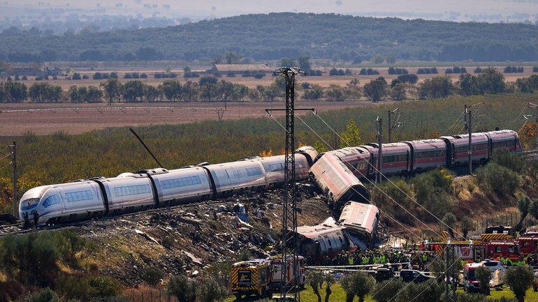 Several carriages of a train have derailed following a deadly collision in central Spain. (AP PHOTO)