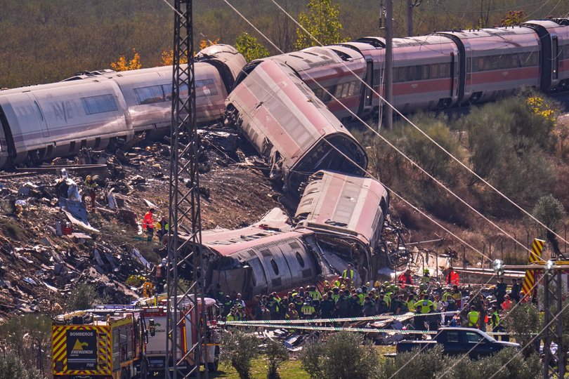 Emergency services work at the scene of a collision between two trains in Urda, Spain, on Wednesday, Oct. 28, 2026. (AP Photo/Manu Fernandez) Picture: Manu Fernandez