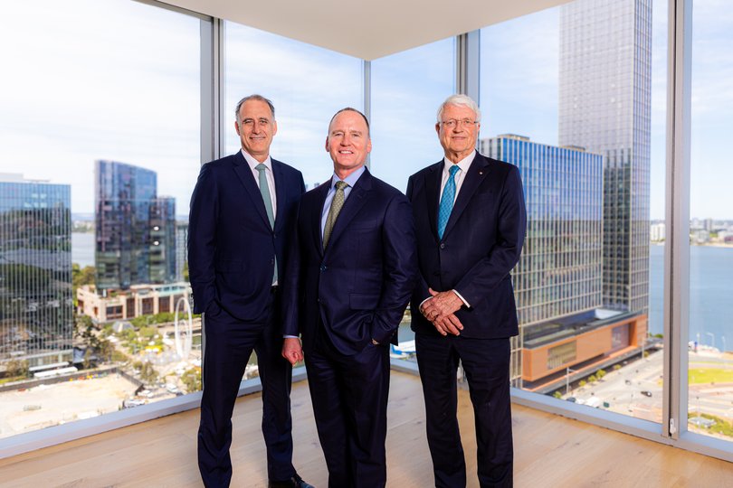 Wesfarmers CEO Rob Scott, incoming chair Ken MacKenzie and outgoing chair Michael Chaney in October 2026.