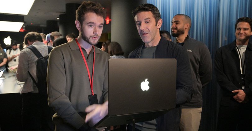 German-Russian record producer and DJ Zedd, at left, and Apple CEO John Ternus look at the new M6 14-inch MacBook Pro during the Apple Experience LA event in Los Angeles, Oct. 28, 2026.