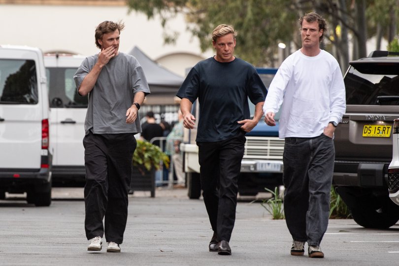 James Jordan, Isaac Heeney and Nick Blakey from the Pullman 5 pictured arriving for an all team meeting at the Sydney Swans HQ, in the wake of a scandal that has included allegations of sexual assault.