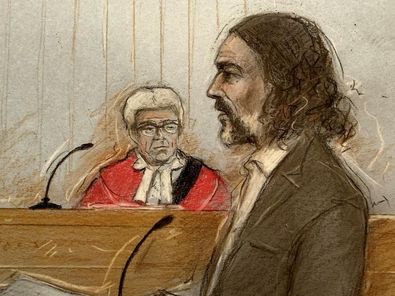 Court sketch of Russell Brand.