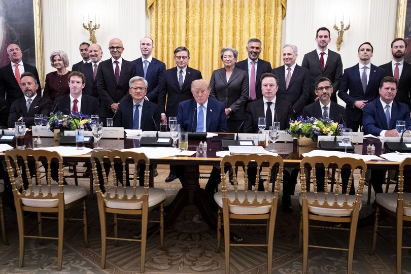 Jensen Huang, the chief executive of Nvidia, sits to the left of President Donald Trump during a luncheon on artificial intelligence with other tech industry leaders at the White House in Washington, September 29, 2026. 