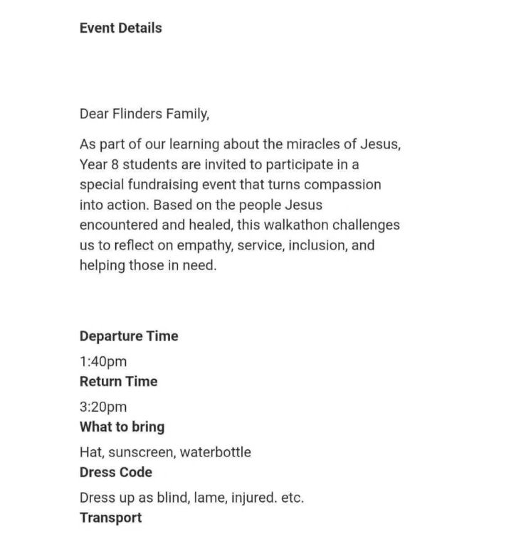 An email sent to parents regarding the event.