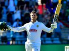 Ryan Rickelton of South Africa celebrates scoring a century.