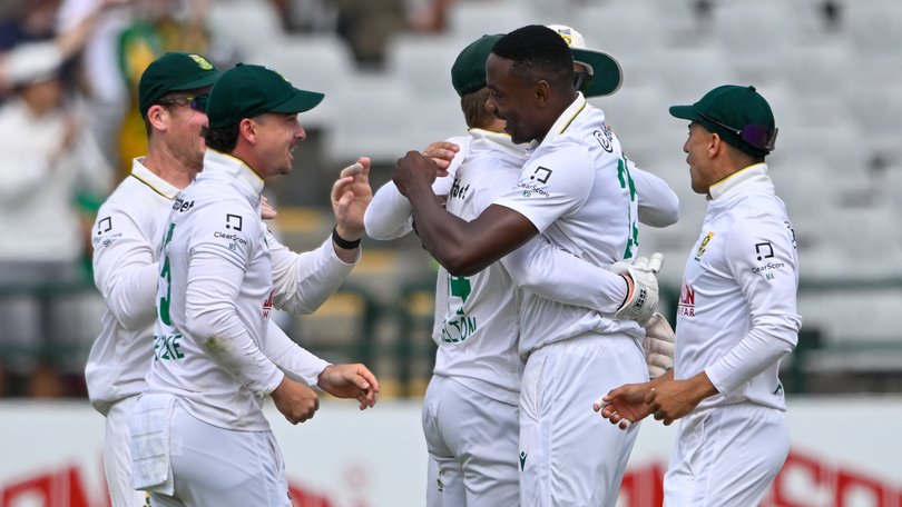 Kagiso Rabada of South Africa celebrates the wicket of Matthew Renshaw.