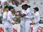 Kagiso Rabada of South Africa celebrates the wicket of Matthew Renshaw.
