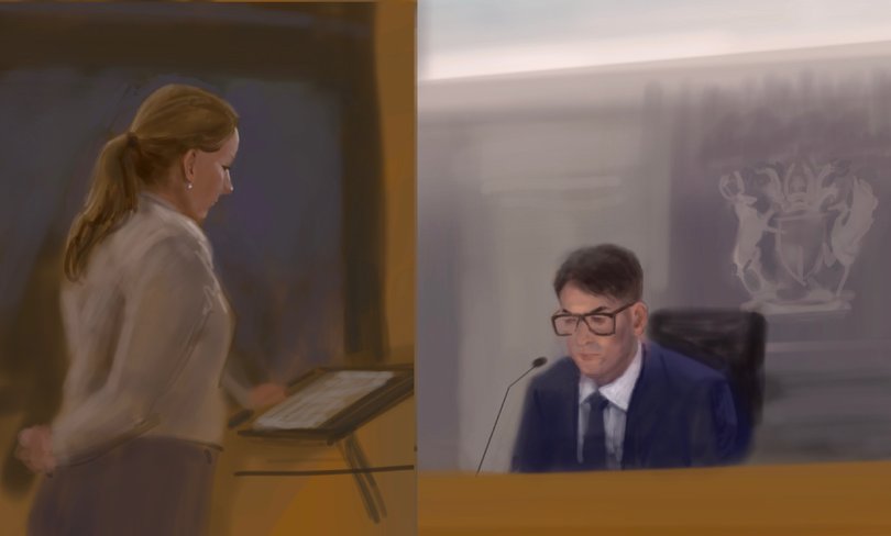 A court sketch obtained on Friday, October 30, 2026, shows Sam Wood’s barrister Paula Morreau KC making submissions to Justice Patrick McCafferty at the Supreme Court Of Queensland in Brisbane.